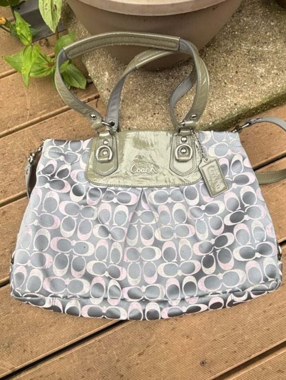 COACH Ashley Signature Sateen Carryall Satchel Handbag Purse Grey Pink F18450